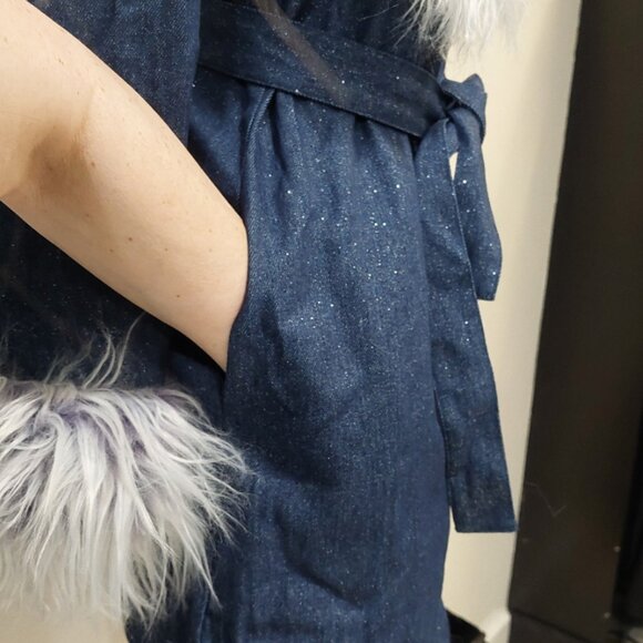 💋GORG!💋LIMITED EDITION FAUX MONGOLIAN FUR COLLAR GLITTERY DENIM AFGHAN COAT - Picture 8 of 16